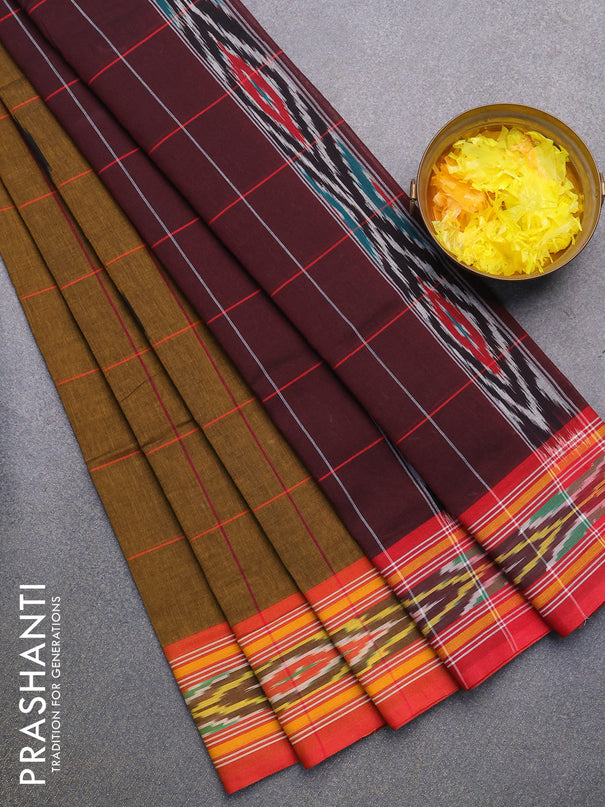 Ikat cotton saree dark mustard and red with checked pattern & ikat butta weaves and ikat woven border with blouse