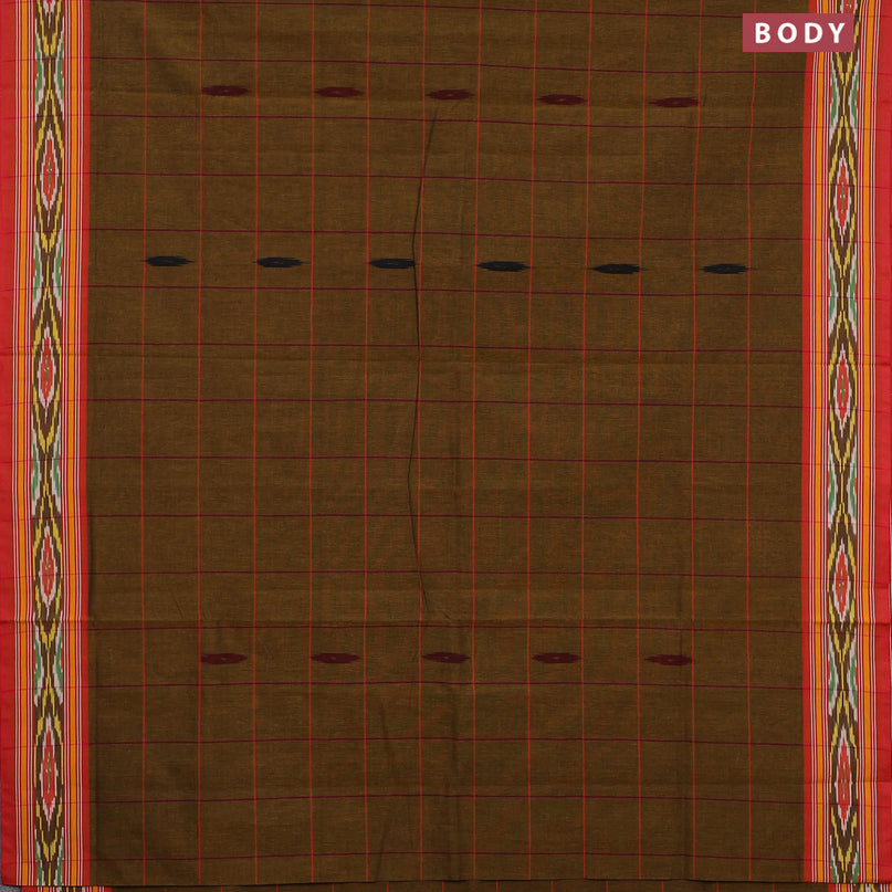 Ikat cotton saree dark mustard and red with checked pattern & ikat butta weaves and ikat woven border with blouse