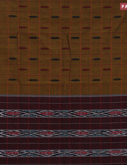 Ikat cotton saree dark mustard and red with checked pattern & ikat butta weaves and ikat woven border with blouse