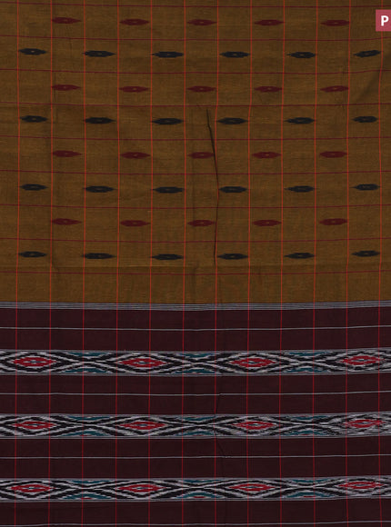 Ikat cotton saree dark mustard and red with checked pattern & ikat butta weaves and ikat woven border with blouse