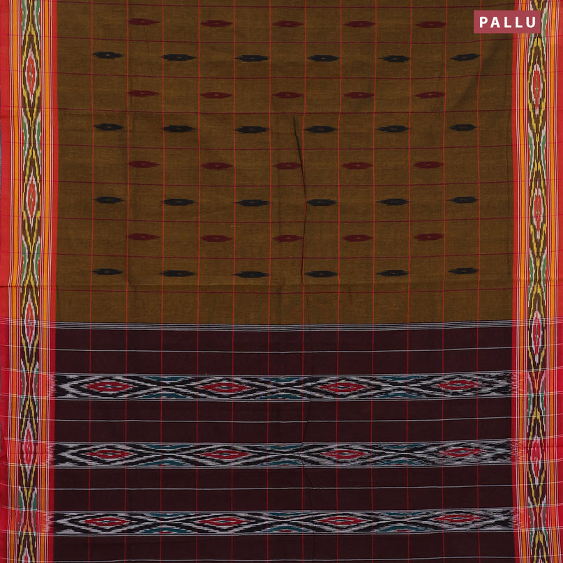 Ikat cotton saree dark mustard and red with checked pattern & ikat butta weaves and ikat woven border with blouse