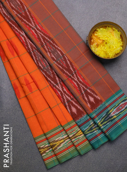 Ikat cotton saree orange and teal green with checked pattern & ikat butta weaves and ikat woven border with blouse