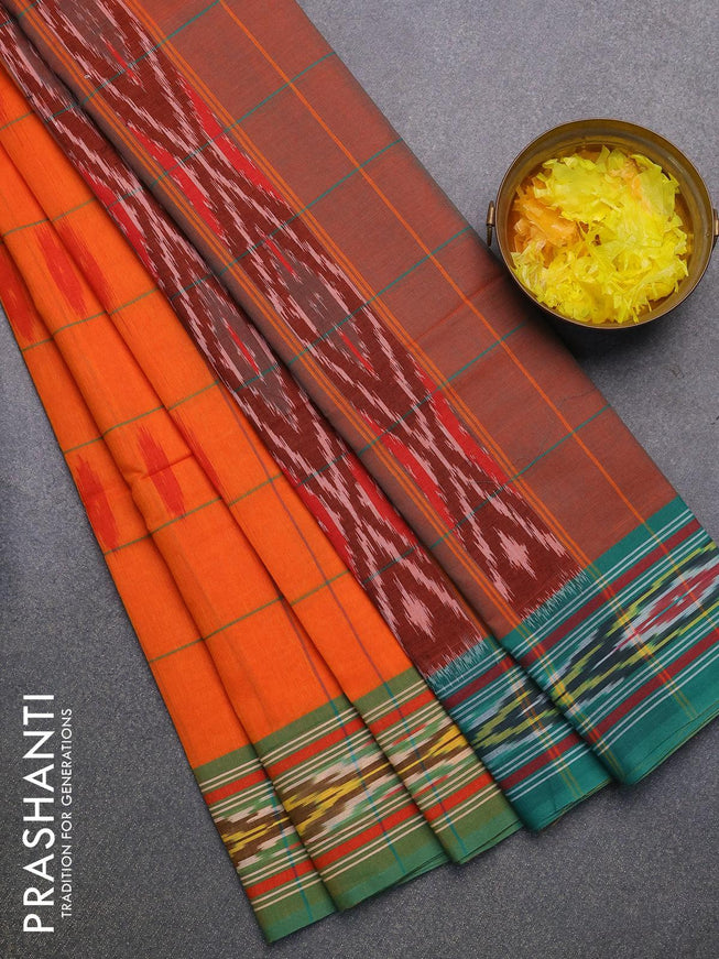 Ikat cotton saree orange and teal green with checked pattern & ikat butta weaves and ikat woven border with blouse