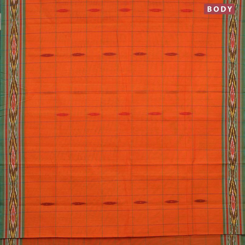 Ikat cotton saree orange and teal green with checked pattern & ikat butta weaves and ikat woven border with blouse