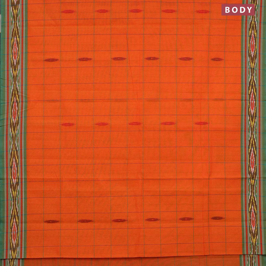 Ikat cotton saree orange and teal green with checked pattern & ikat butta weaves and ikat woven border with blouse