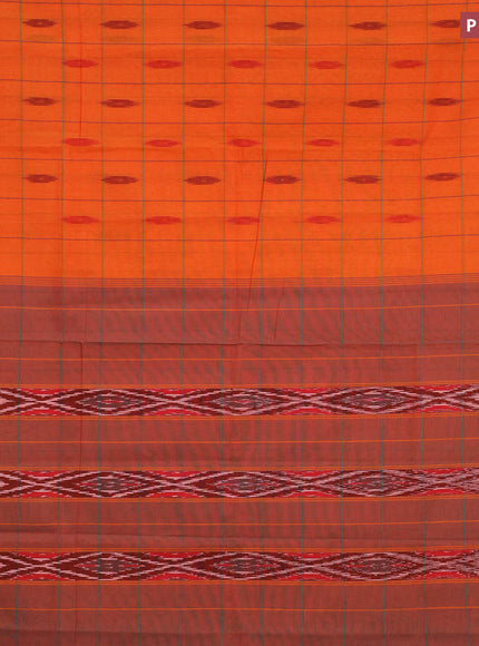 Ikat cotton saree orange and teal green with checked pattern & ikat butta weaves and ikat woven border with blouse