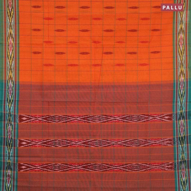 Ikat cotton saree orange and teal green with checked pattern & ikat butta weaves and ikat woven border with blouse