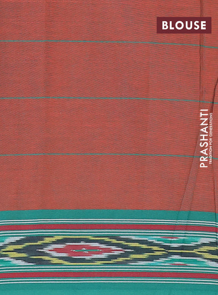 Ikat cotton saree orange and teal green with checked pattern & ikat butta weaves and ikat woven border with blouse