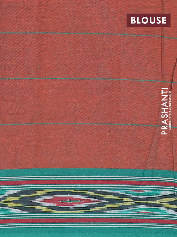 Ikat cotton saree orange and teal green with checked pattern & ikat butta weaves and ikat woven border with blouse