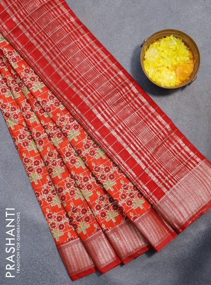 Semi gadwal saree orange and red with zari checks & butta prints and zari woven border