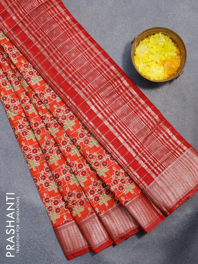 Semi gadwal saree orange and red with zari checks & butta prints and zari woven border