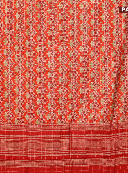 Semi gadwal saree orange and red with zari checks & butta prints and zari woven border