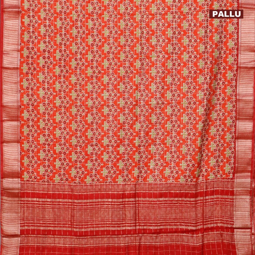 Semi gadwal saree orange and red with zari checks & butta prints and zari woven border