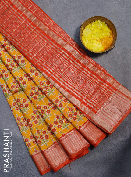 Semi gadwal saree mustard yellow and red with zari checks & butta prints and zari woven border