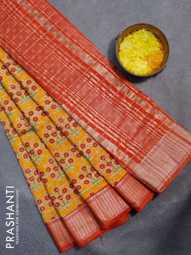 Semi gadwal saree mustard yellow and red with zari checks & butta prints and zari woven border