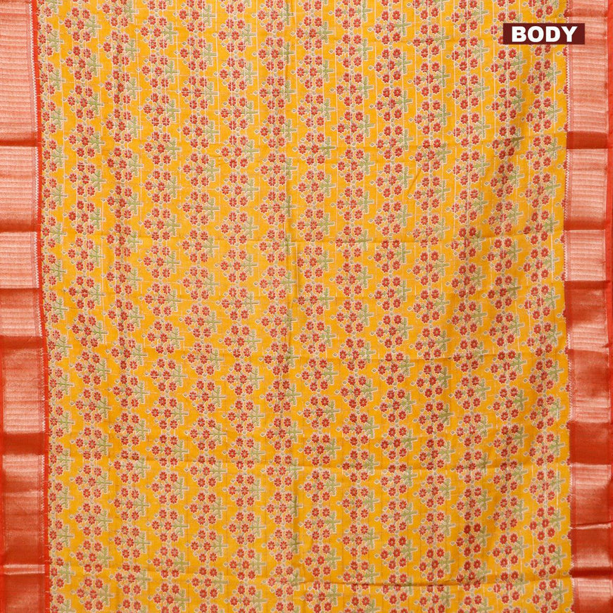 Semi gadwal saree mustard yellow and red with zari checks & butta prints and zari woven border