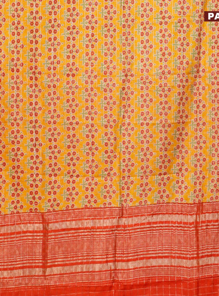 Semi gadwal saree mustard yellow and red with zari checks & butta prints and zari woven border