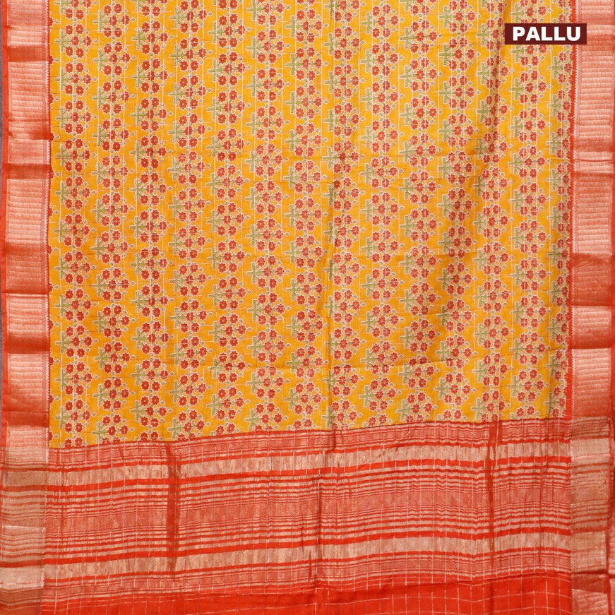 Semi gadwal saree mustard yellow and red with zari checks & butta prints and zari woven border