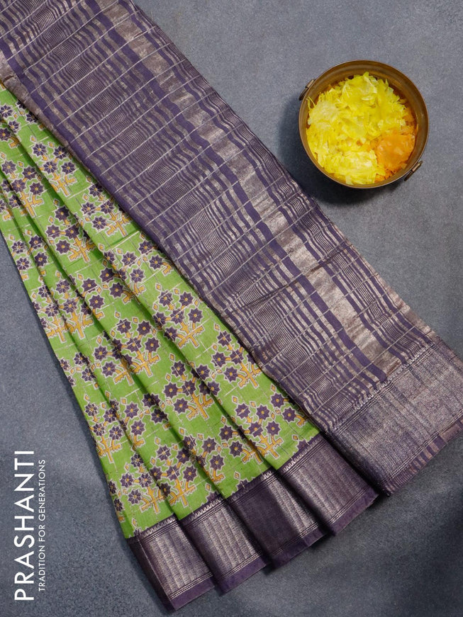 Semi gadwal saree light green and blue with zari checks & butta prints and zari woven border