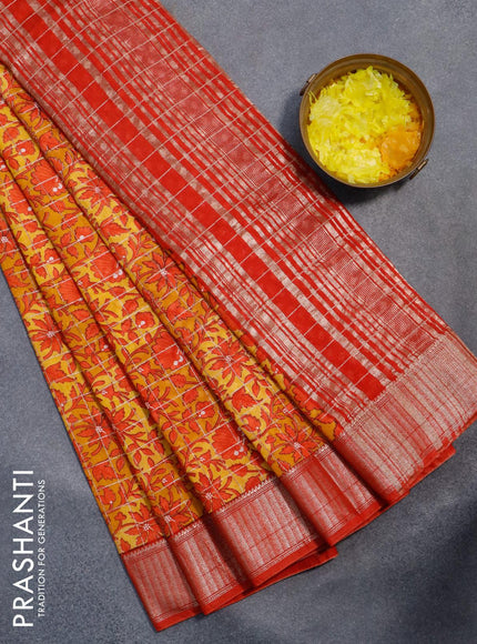 Semi gadwal saree mustard yellow and red with allover floral prints and zari woven border