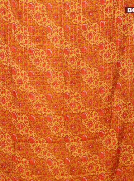 Semi gadwal saree mustard yellow and red with allover floral prints and zari woven border