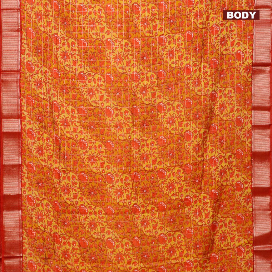 Semi gadwal saree mustard yellow and red with allover floral prints and zari woven border