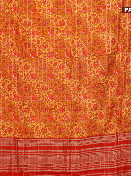 Semi gadwal saree mustard yellow and red with allover floral prints and zari woven border