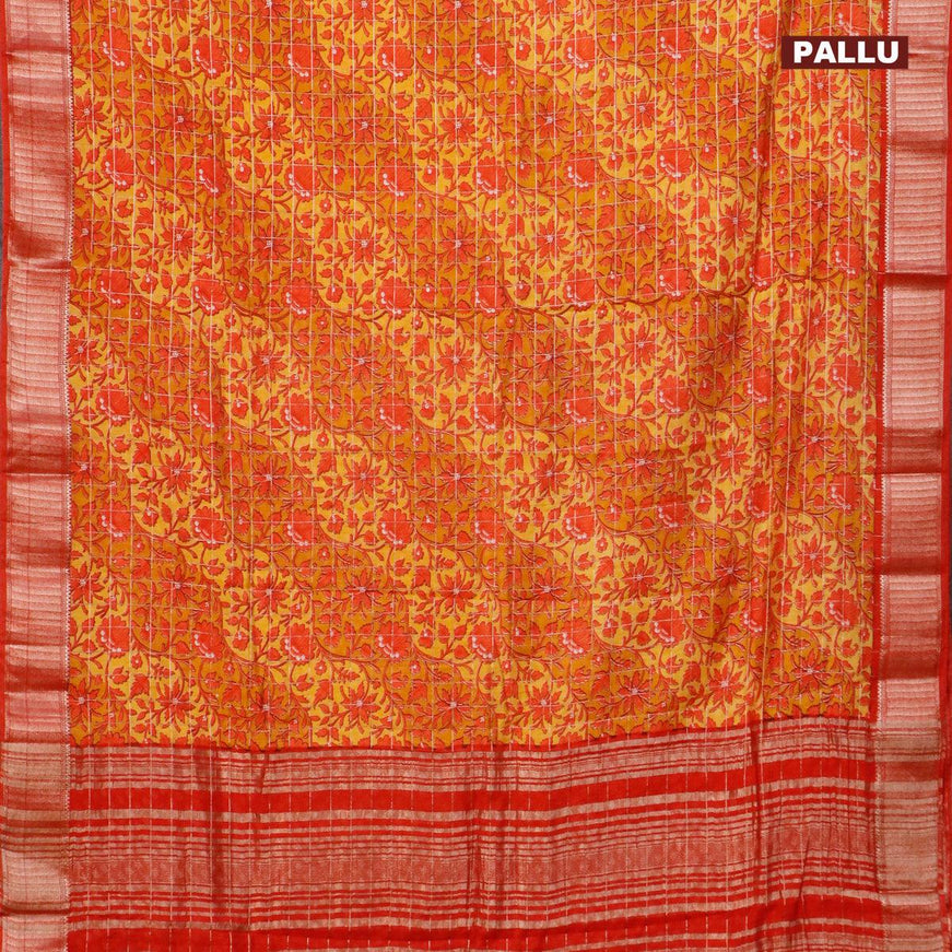 Semi gadwal saree mustard yellow and red with allover floral prints and zari woven border