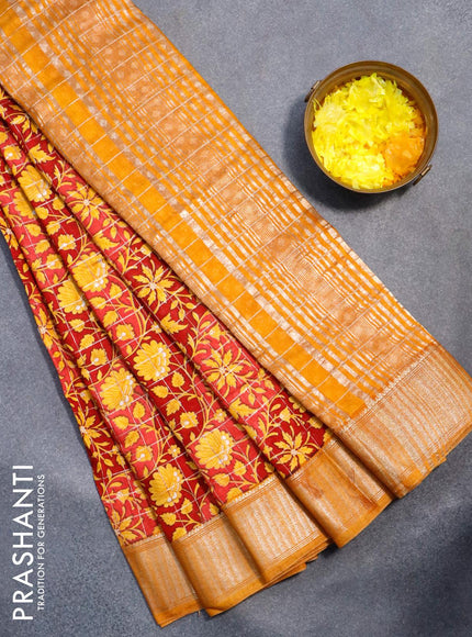 Semi gadwal saree maroon and mustard yellow with allover floral prints and zari woven border