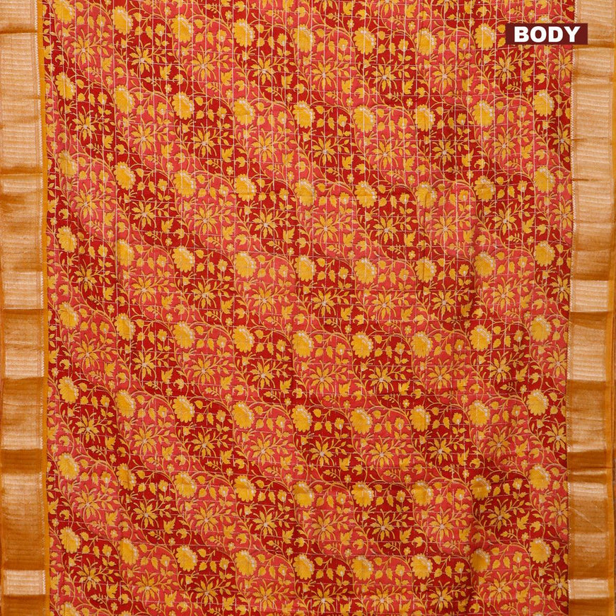 Semi gadwal saree maroon and mustard yellow with allover floral prints and zari woven border