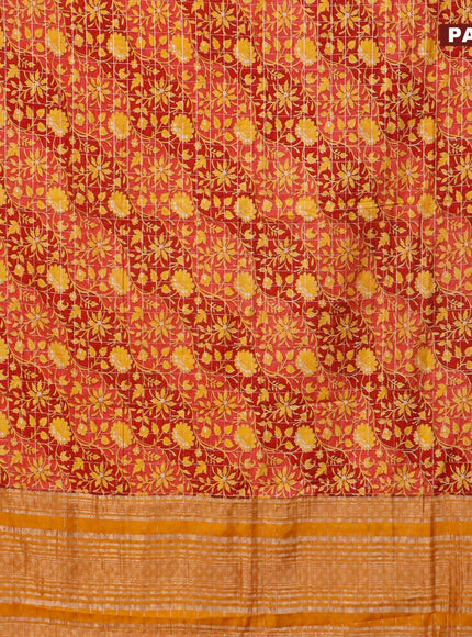 Semi gadwal saree maroon and mustard yellow with allover floral prints and zari woven border