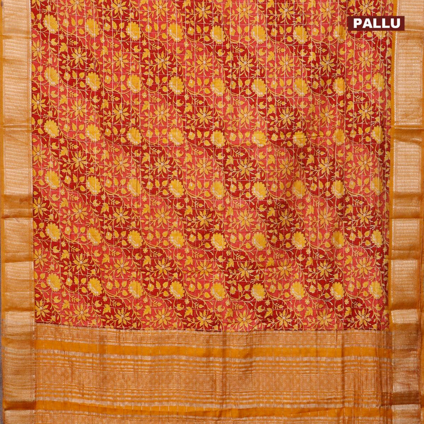 Semi gadwal saree maroon and mustard yellow with allover floral prints and zari woven border