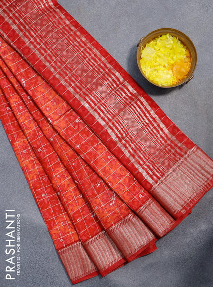 Semi gadwal saree red and orange with allover floral prints and zari woven border