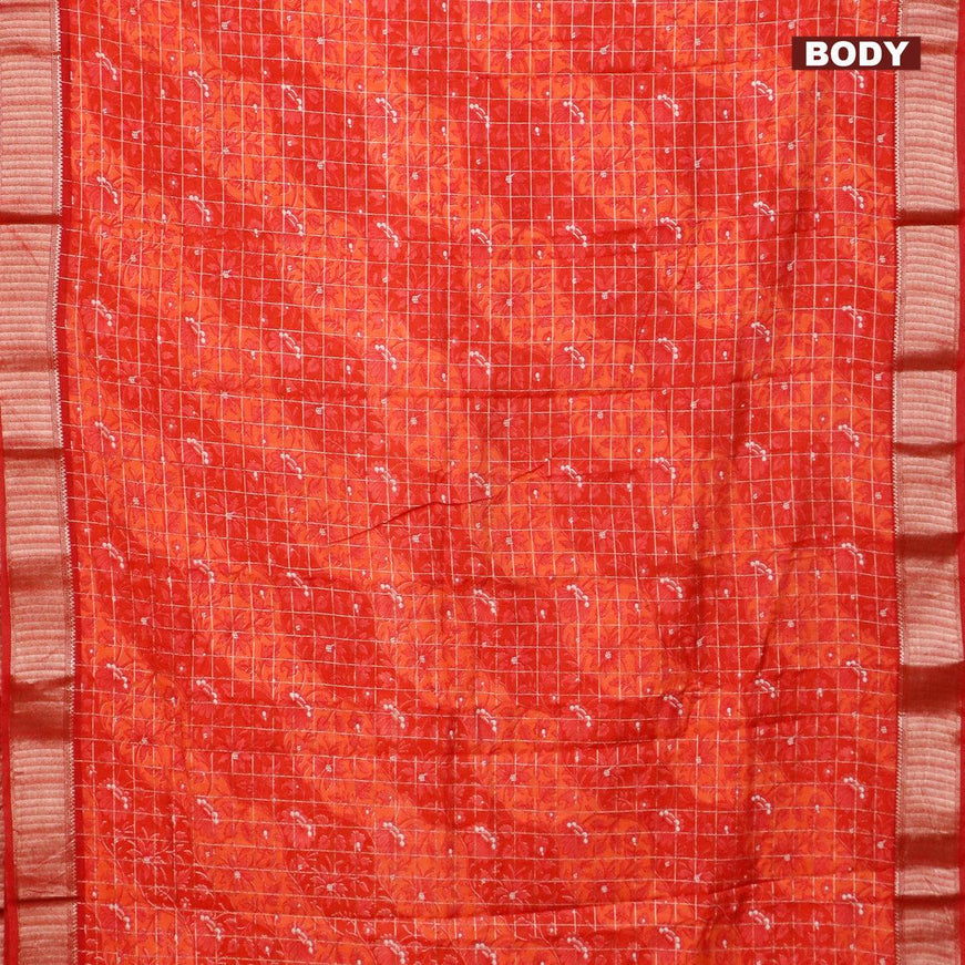 Semi gadwal saree red and orange with allover floral prints and zari woven border