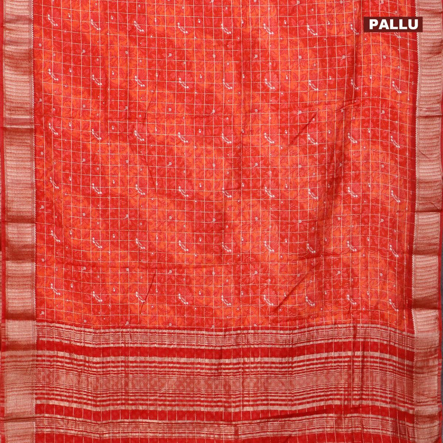 Semi gadwal saree red and orange with allover floral prints and zari woven border