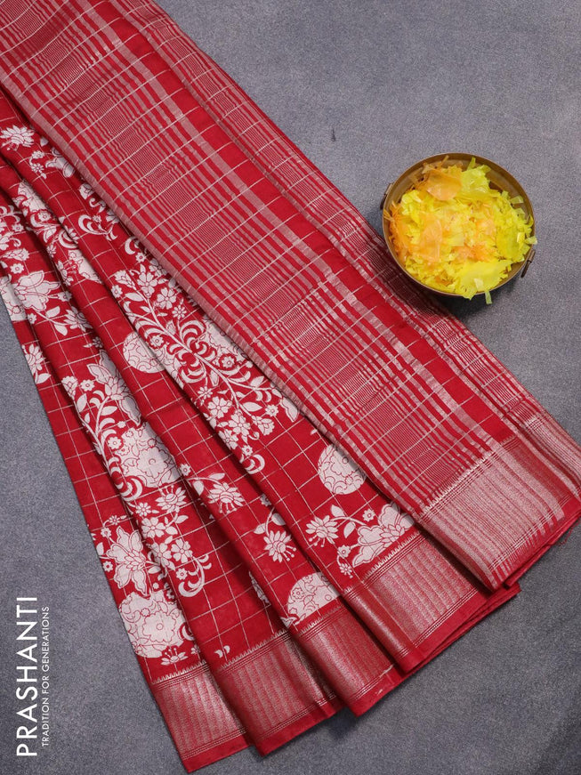 Semi gadwal saree maroon with allover zari checks & floral prints and zari woven border