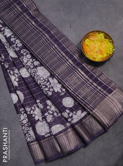 Semi gadwal saree jamun shade with allover zari checks & floral prints and zari woven border