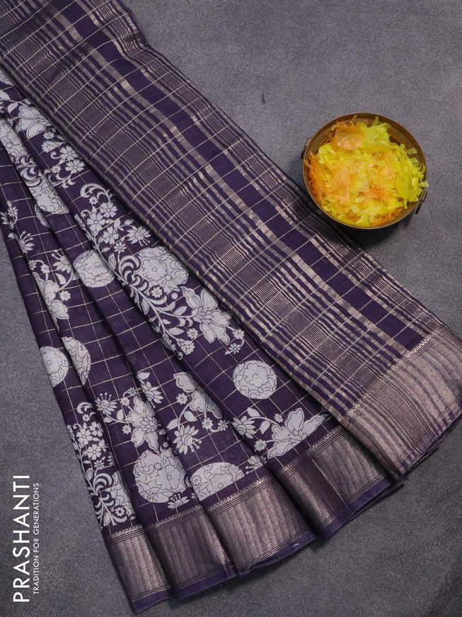 Semi gadwal saree jamun shade with allover zari checks & floral prints and zari woven border