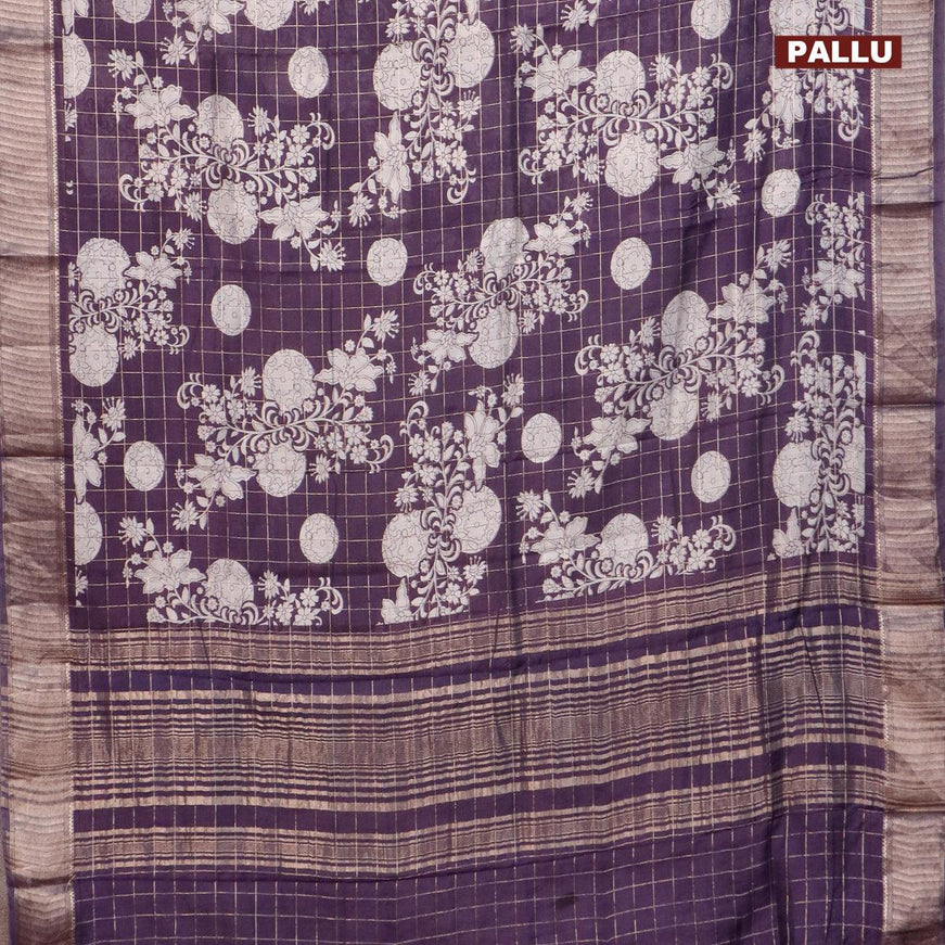 Semi gadwal saree jamun shade with allover zari checks & floral prints and zari woven border