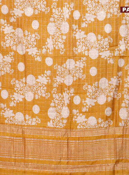 Semi gadwal saree dark mustard with allover zari checks & floral prints and zari woven border