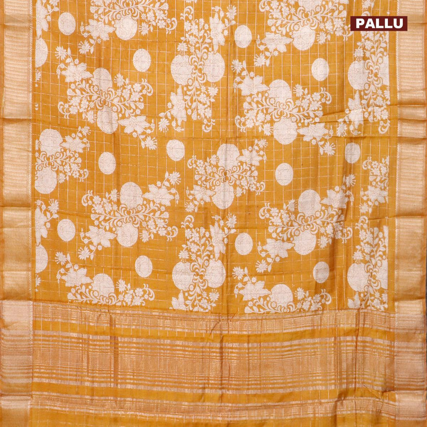 Semi gadwal saree dark mustard with allover zari checks & floral prints and zari woven border