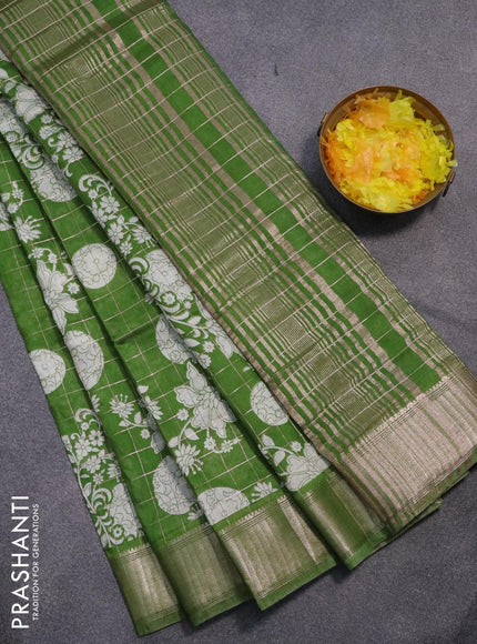 Semi gadwal saree green with allover zari checks & floral prints and zari woven border