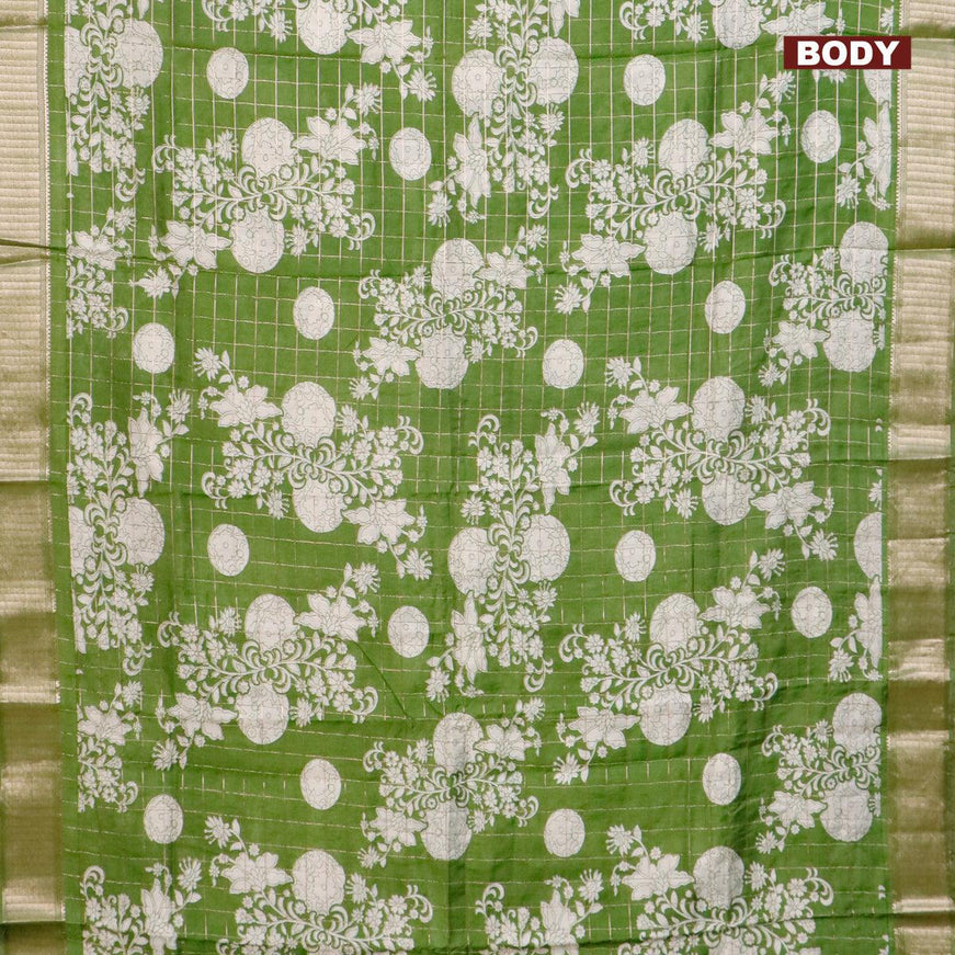 Semi gadwal saree green with allover zari checks & floral prints and zari woven border