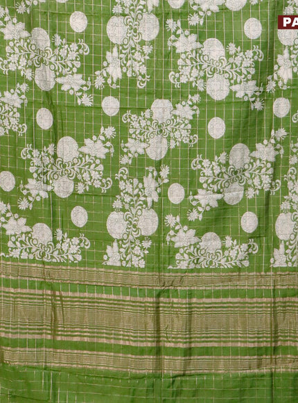 Semi gadwal saree green with allover zari checks & floral prints and zari woven border