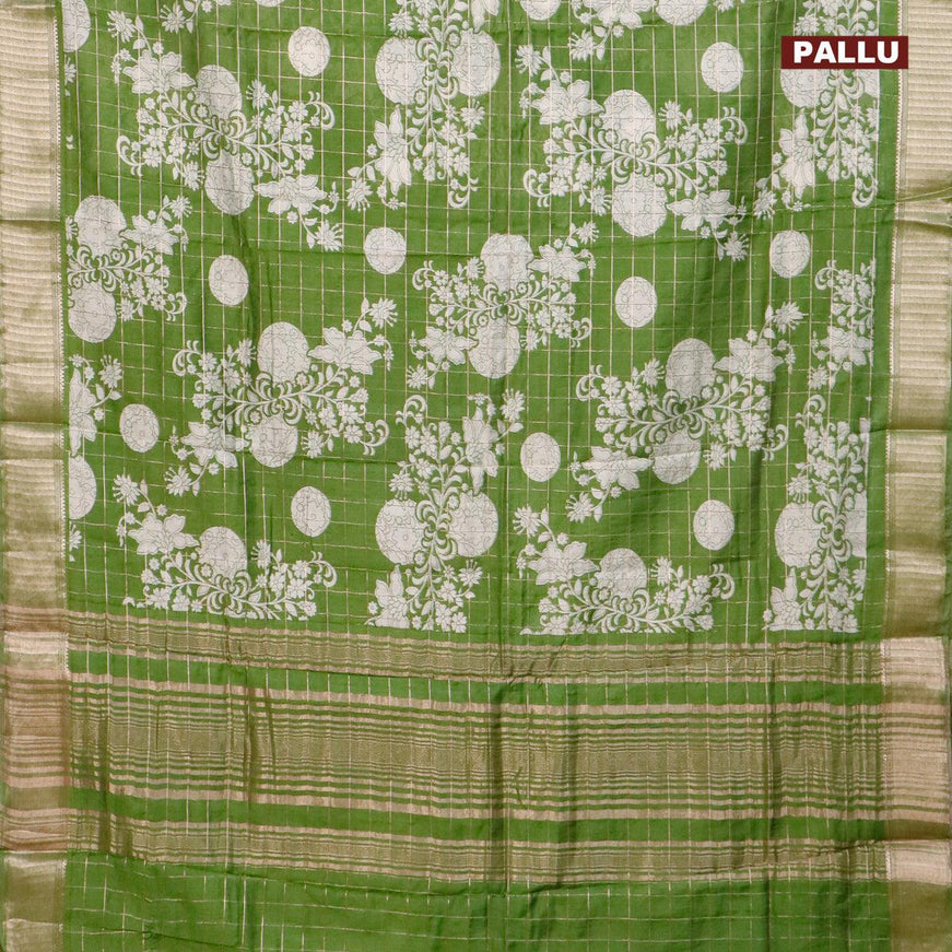 Semi gadwal saree green with allover zari checks & floral prints and zari woven border