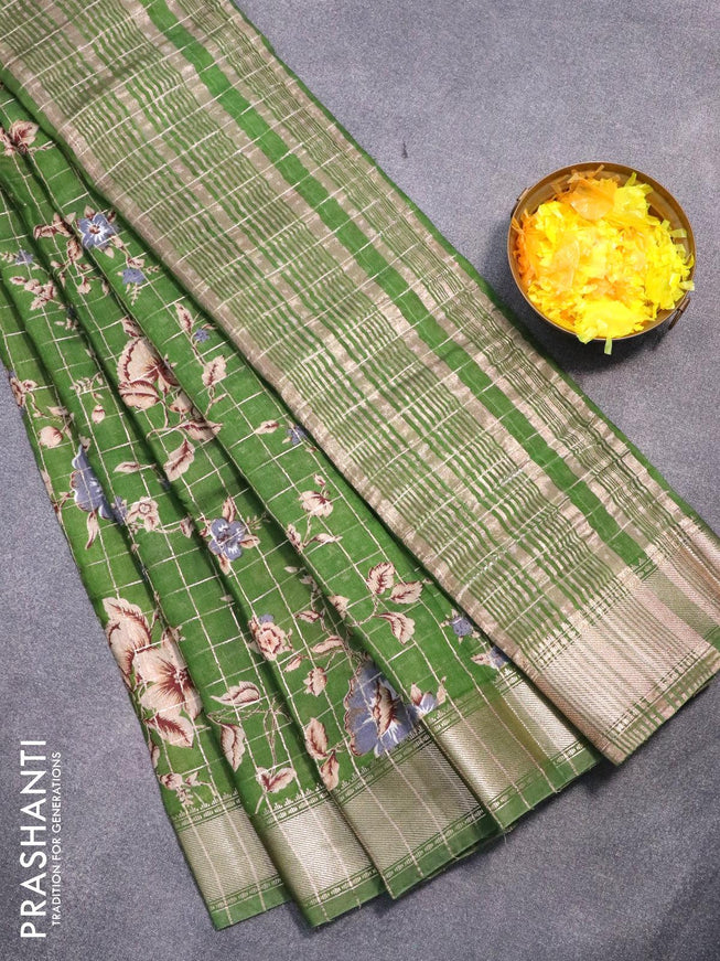 Semi gadwal saree green with allover zari checks & floral prints and zari woven border