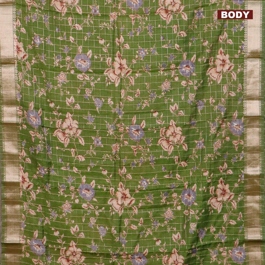 Semi gadwal saree green with allover zari checks & floral prints and zari woven border