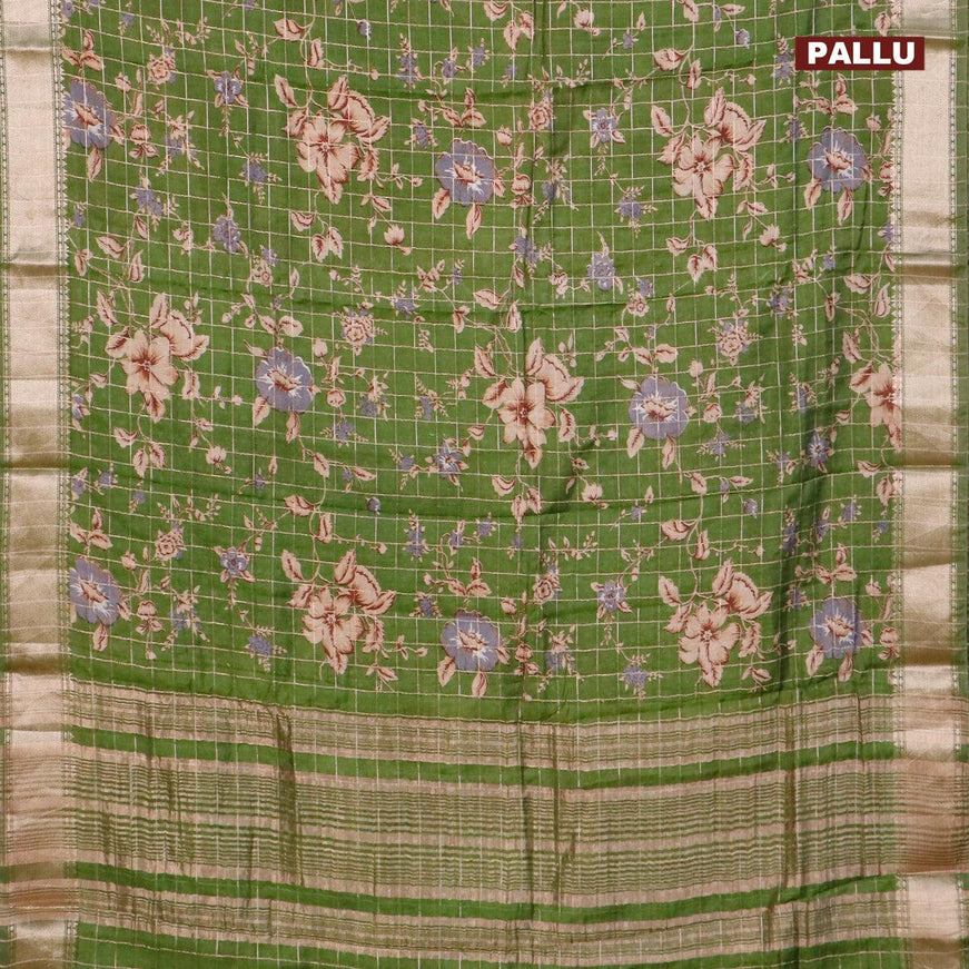 Semi gadwal saree green with allover zari checks & floral prints and zari woven border