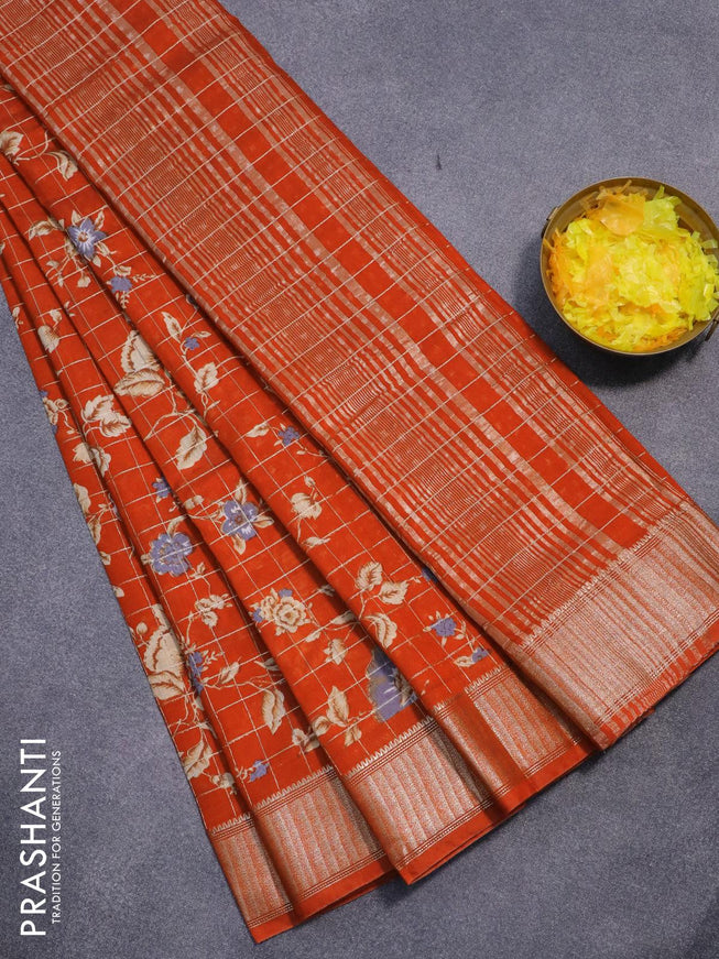 Semi gadwal saree red with allover zari checks & floral prints and zari woven border