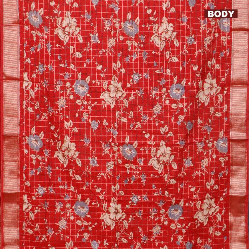 Semi gadwal saree red with allover zari checks & floral prints and zari woven border